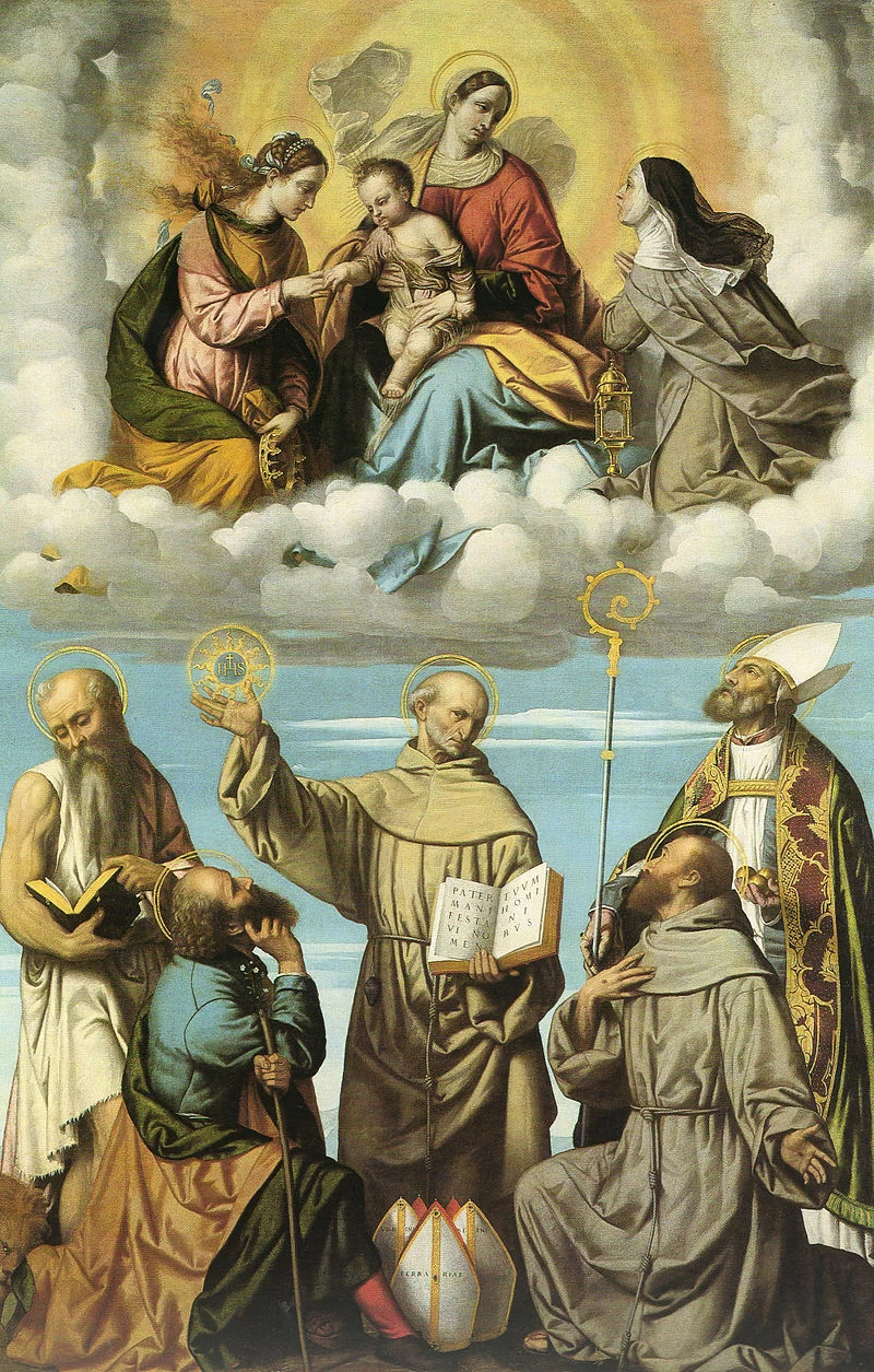 Il Moretto-241-Madonna col Bambino in gloria con le sante Caterina e Chiara, Girolamo, Giuseppe, Bernardino da Siena, Francesco e Nicola di Bari-Londra